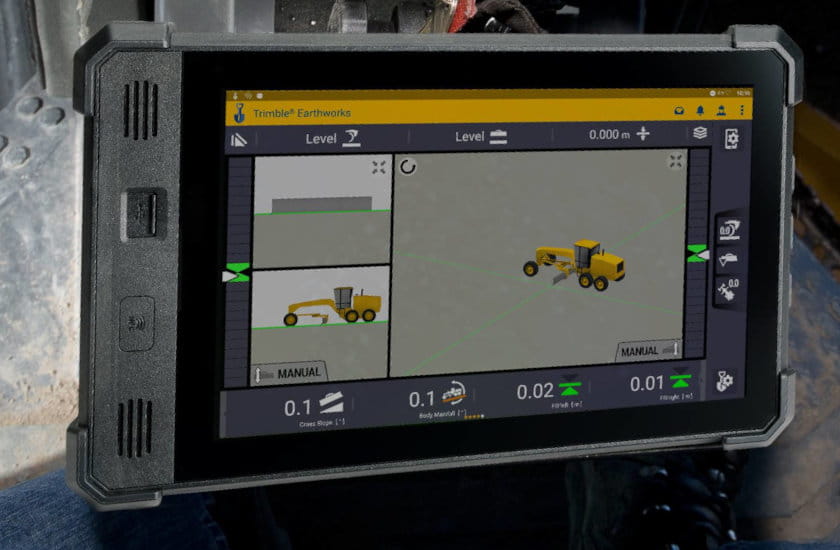 Trimble machine control on a Cat motor grader