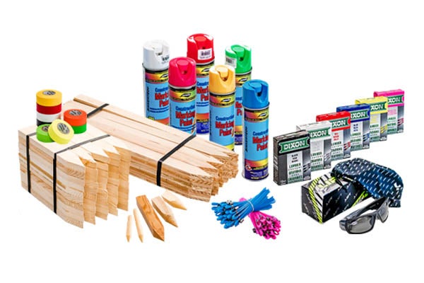 stakes, paints, and other construction consumables
